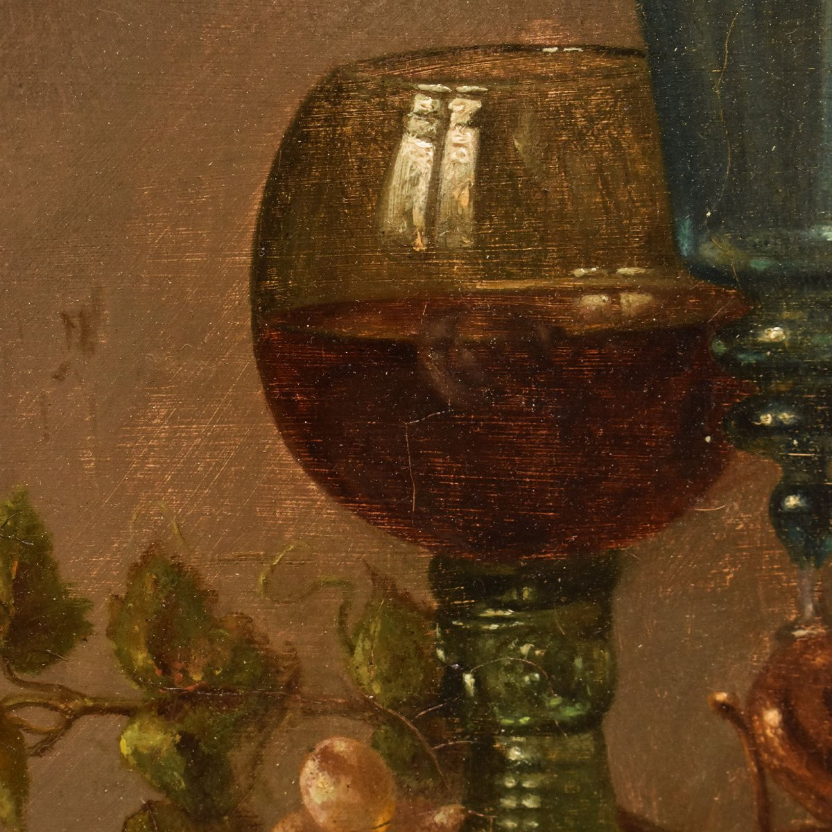 QUADRI ANTICHI, NATURA MORTA CON UVA E CALICI DI VETRO, OLIO SU TAVOLA, DELL'800. (QNM705)-photo-4