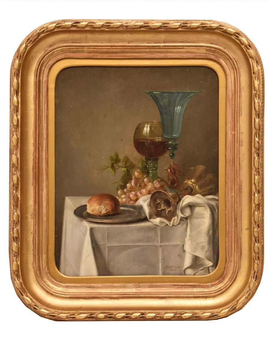 QUADRI ANTICHI, NATURA MORTA CON UVA E CALICI DI VETRO, OLIO SU TAVOLA, DELL'800. (QNM705)