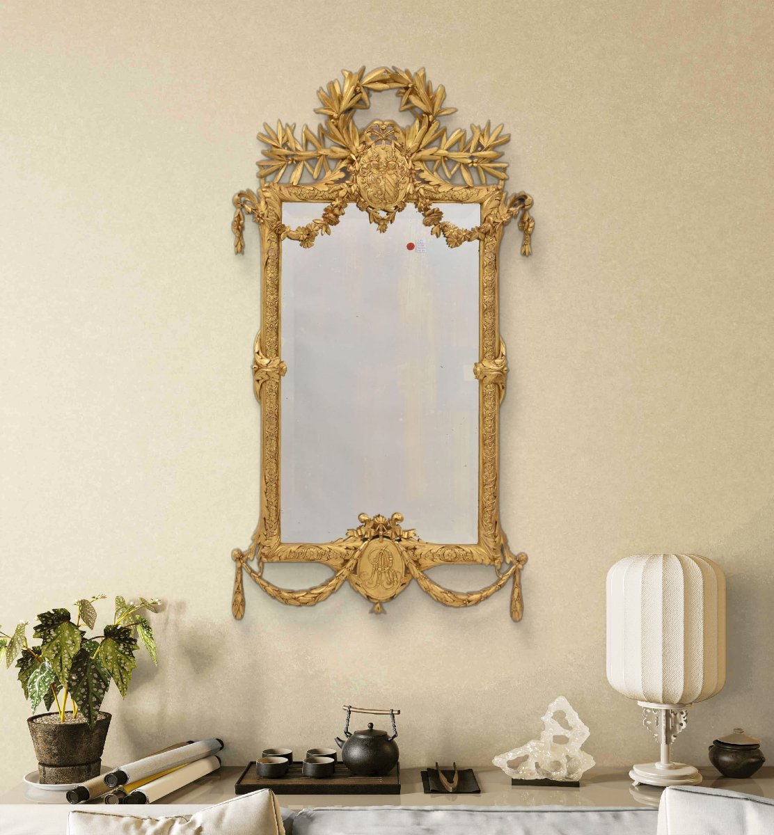 SPECCHIO ANTICO CON STEMMA, LUIGI FILIPPO, CORNICE DORATA IN LEGNO INTAGLIATO, XIX  (SPC193)-photo-2