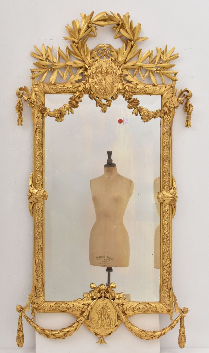 SPECCHIO ANTICO CON STEMMA, LUIGI FILIPPO, CORNICE DORATA IN LEGNO INTAGLIATO, XIX  (SPC193)-photo-4