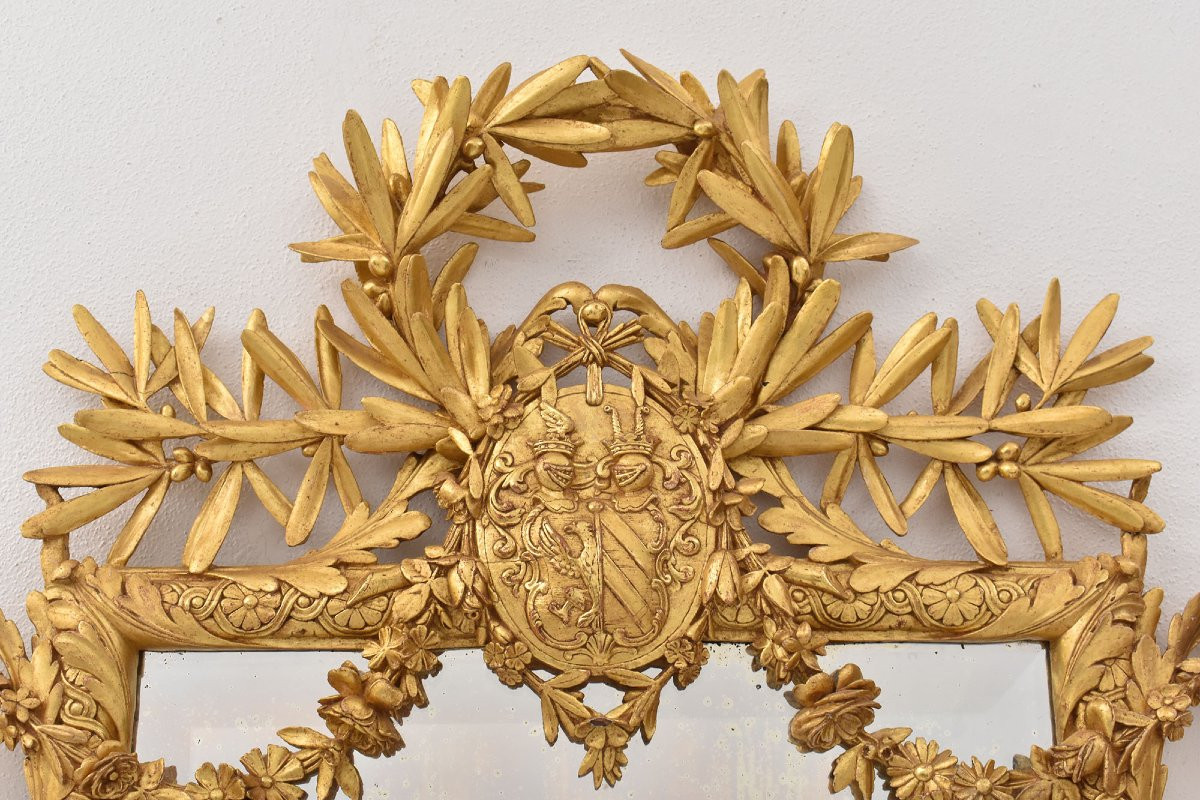 SPECCHIO ANTICO CON STEMMA, LUIGI FILIPPO, CORNICE DORATA IN LEGNO INTAGLIATO, XIX  (SPC193)-photo-1