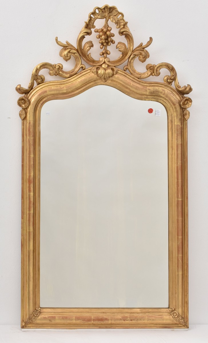 SPECCHIO ANTICO CON UVA, SPECCHIERA  ANTICA LUIGI FILIPPO, CORNICE DORATA, XIX SECOLO. (SPC194)