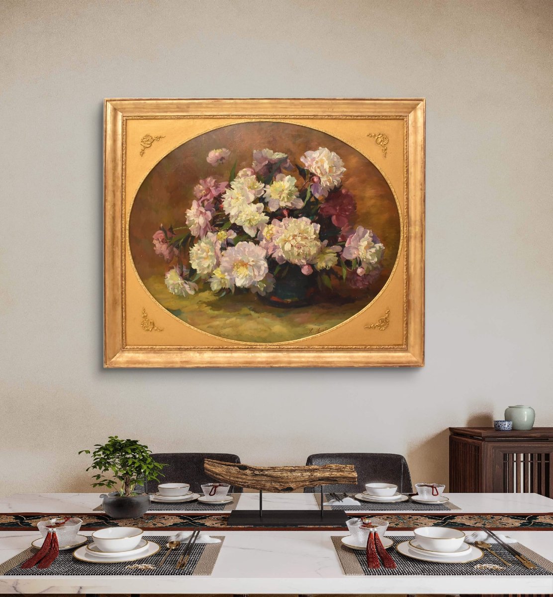 GRANDE OVALE, DIPINTI ANTICHI DI FIORI DI PEONIE, OLIO SU TELA, INIZIO XX (QF707)-photo-2