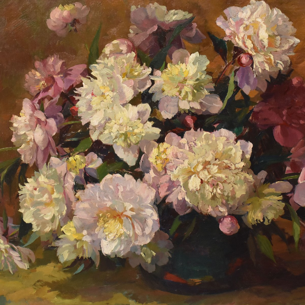 GRANDE OVALE, DIPINTI ANTICHI DI FIORI DI PEONIE, OLIO SU TELA, INIZIO XX (QF707)-photo-3