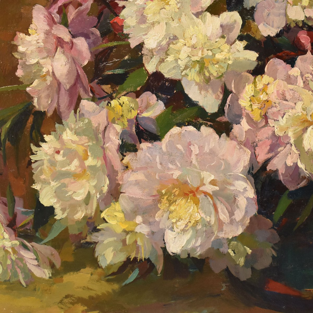 GRANDE OVALE, DIPINTI ANTICHI DI FIORI DI PEONIE, OLIO SU TELA, INIZIO XX (QF707)-photo-4