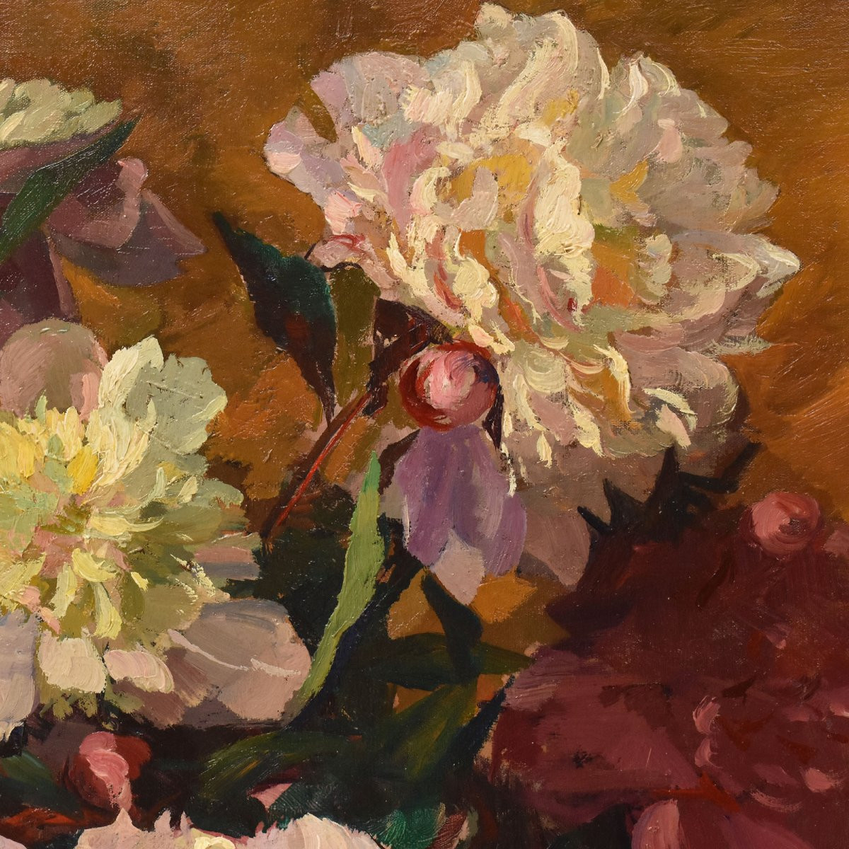 GRANDE OVALE, DIPINTI ANTICHI DI FIORI DI PEONIE, OLIO SU TELA, INIZIO XX (QF707)-photo-1