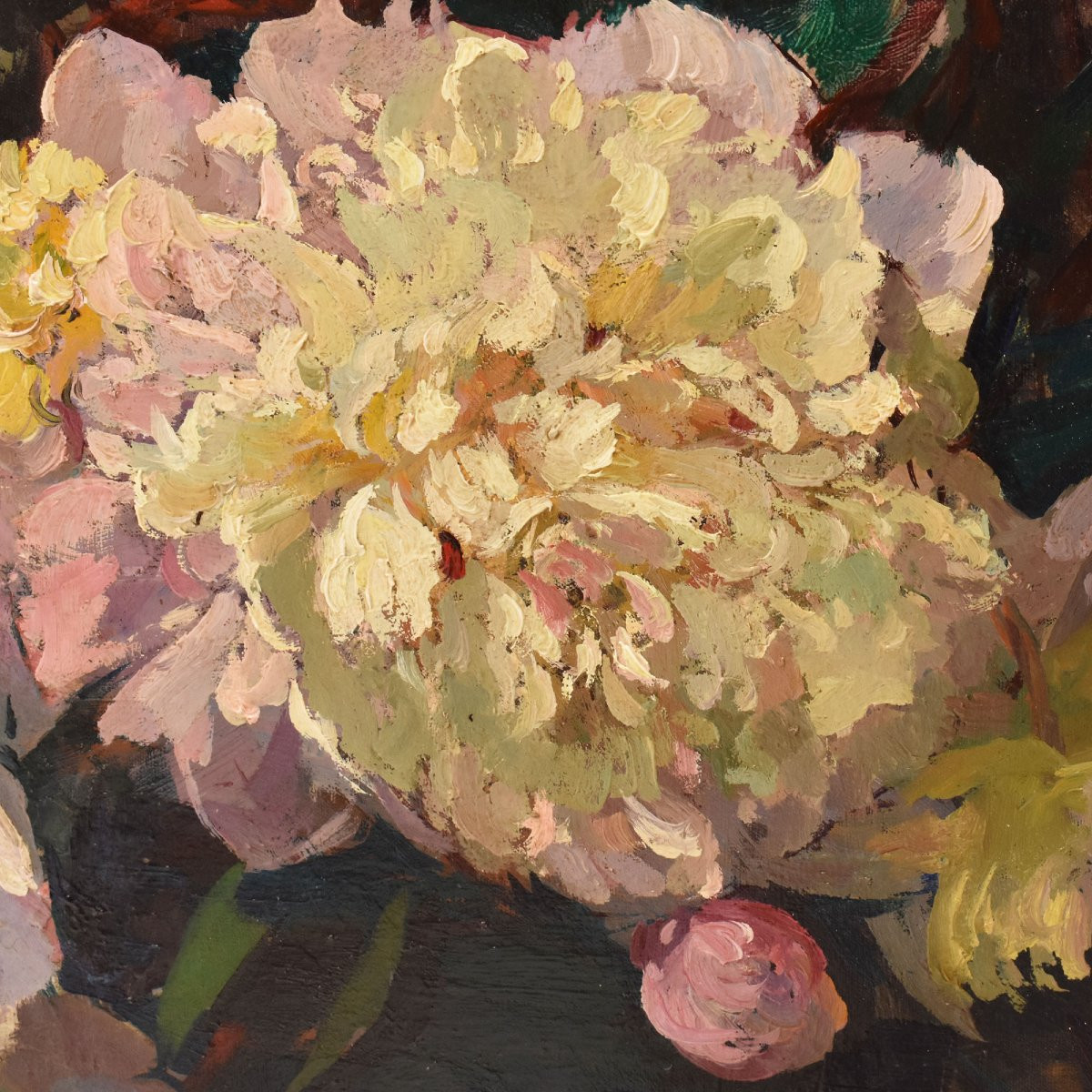 GRANDE OVALE, DIPINTI ANTICHI DI FIORI DI PEONIE, OLIO SU TELA, INIZIO XX (QF707)-photo-2