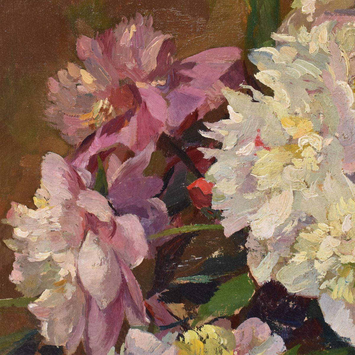 GRANDE OVALE, DIPINTI ANTICHI DI FIORI DI PEONIE, OLIO SU TELA, INIZIO XX (QF707)-photo-3