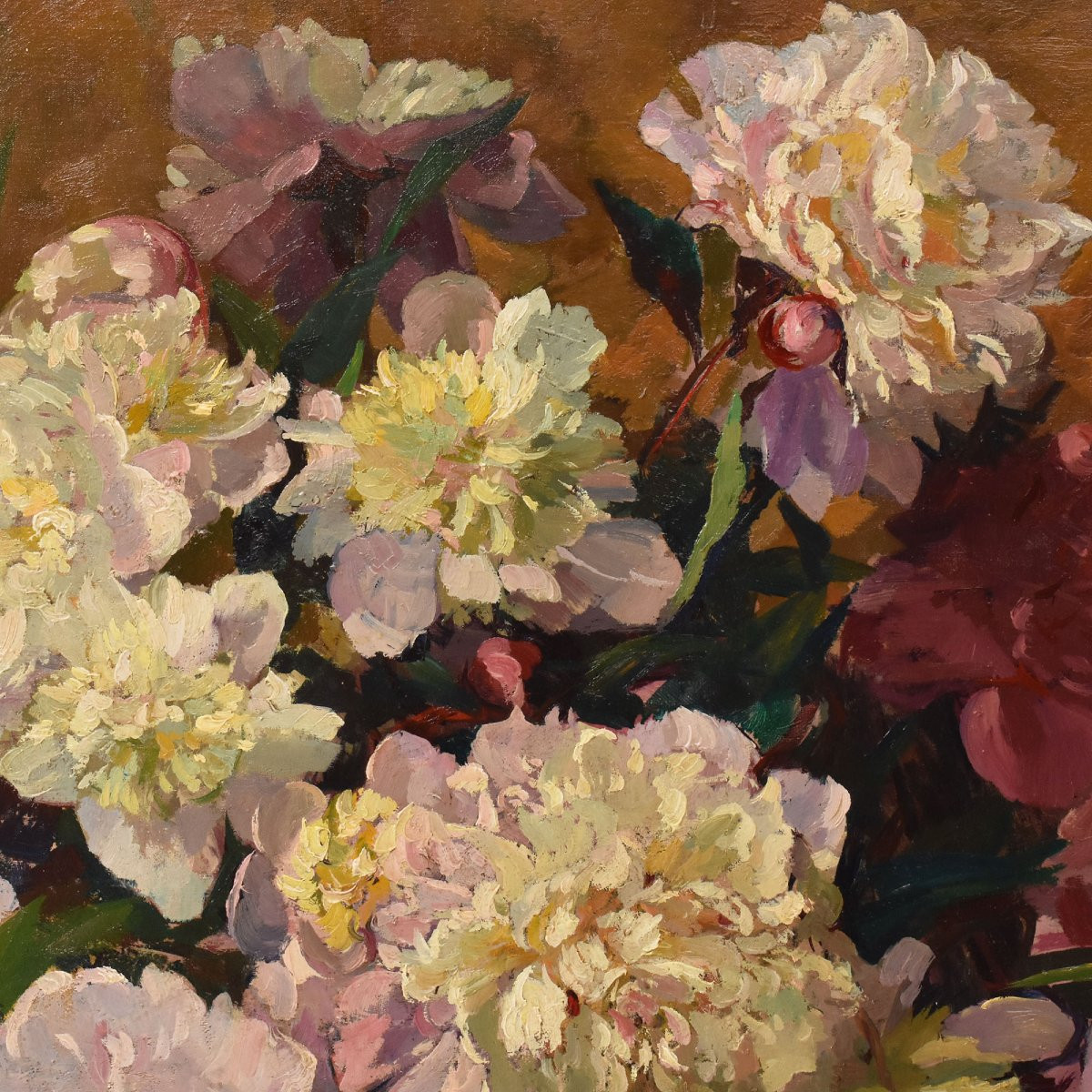 GRANDE OVALE, DIPINTI ANTICHI DI FIORI DI PEONIE, OLIO SU TELA, INIZIO XX (QF707)-photo-4