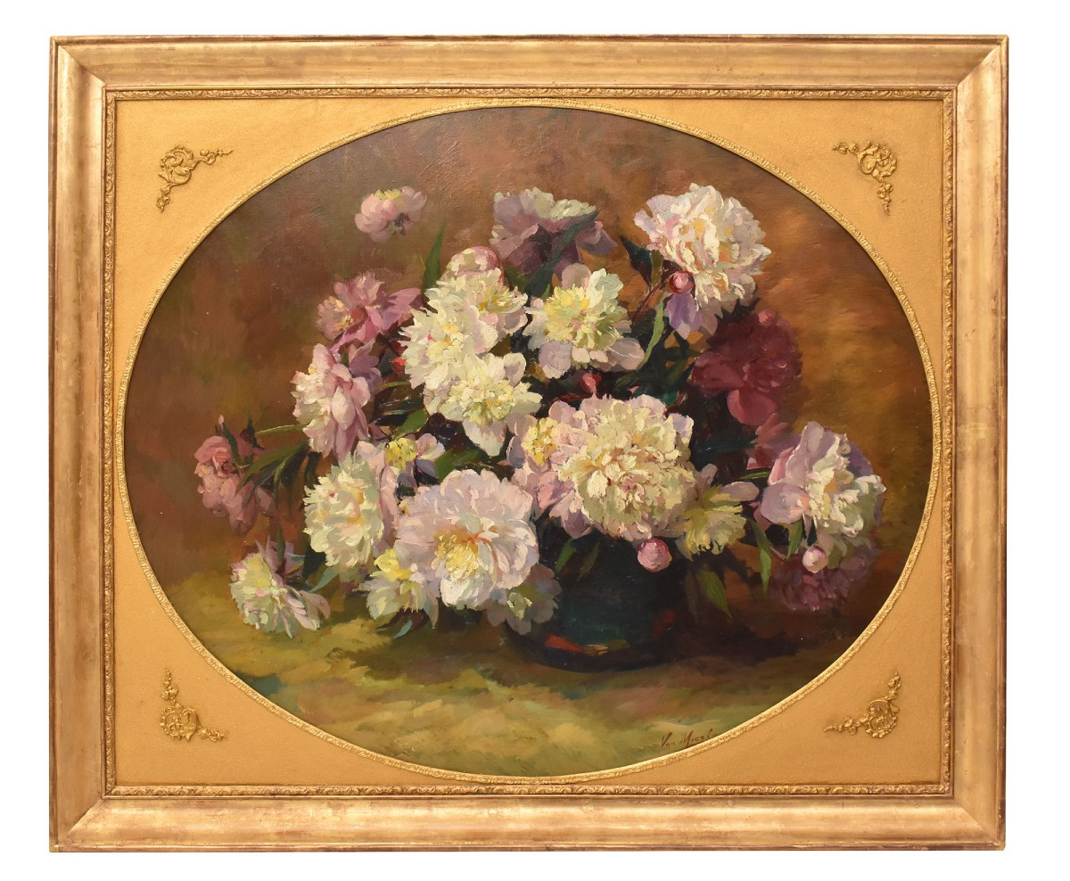GRANDE OVALE, DIPINTI ANTICHI DI FIORI DI PEONIE, OLIO SU TELA, INIZIO XX (QF707)