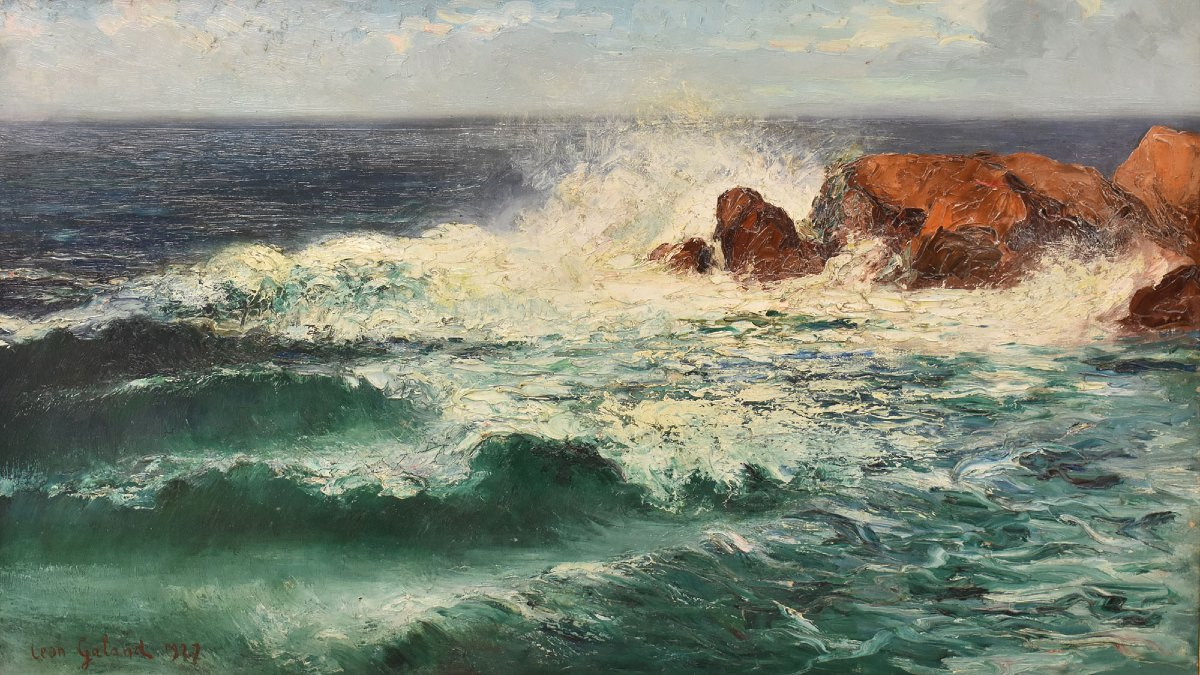  ART DECO, QUADRI MARE, MARINA CON ONDE E SCOGLI,  OLIO SU TELA, PRIMI XX SECOLO. (QM708)   -photo-3