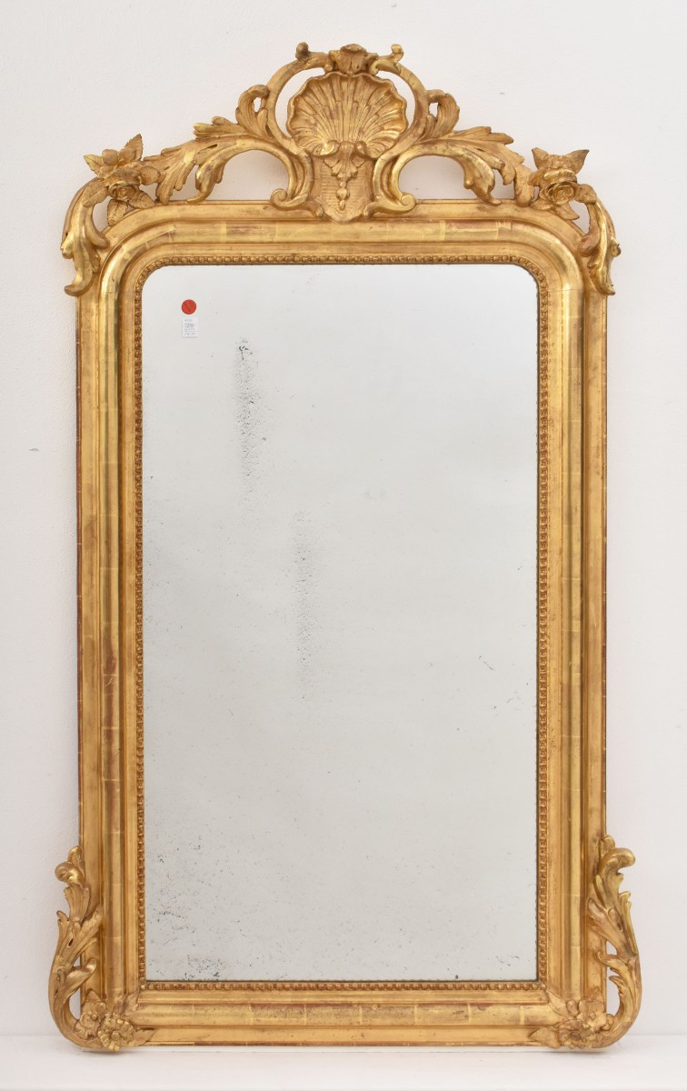 SPECCHIO ANTICO DORATO CON CIMASA A CONCHIGLIA, SPECCHIERA  ANTICA LUIGI FILIPPO, XIX. (SPC195)