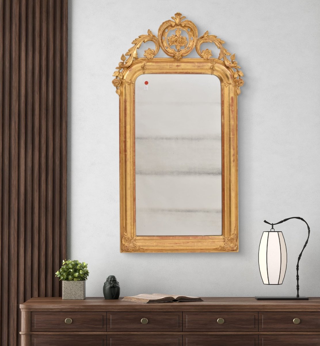 SPECCHIO ANTICO CON CIMASA CON FIORI, SPECCHIERA ANTICA LUIGI FILIPPO, CORNICE DORATA, XIX SECO-photo-2