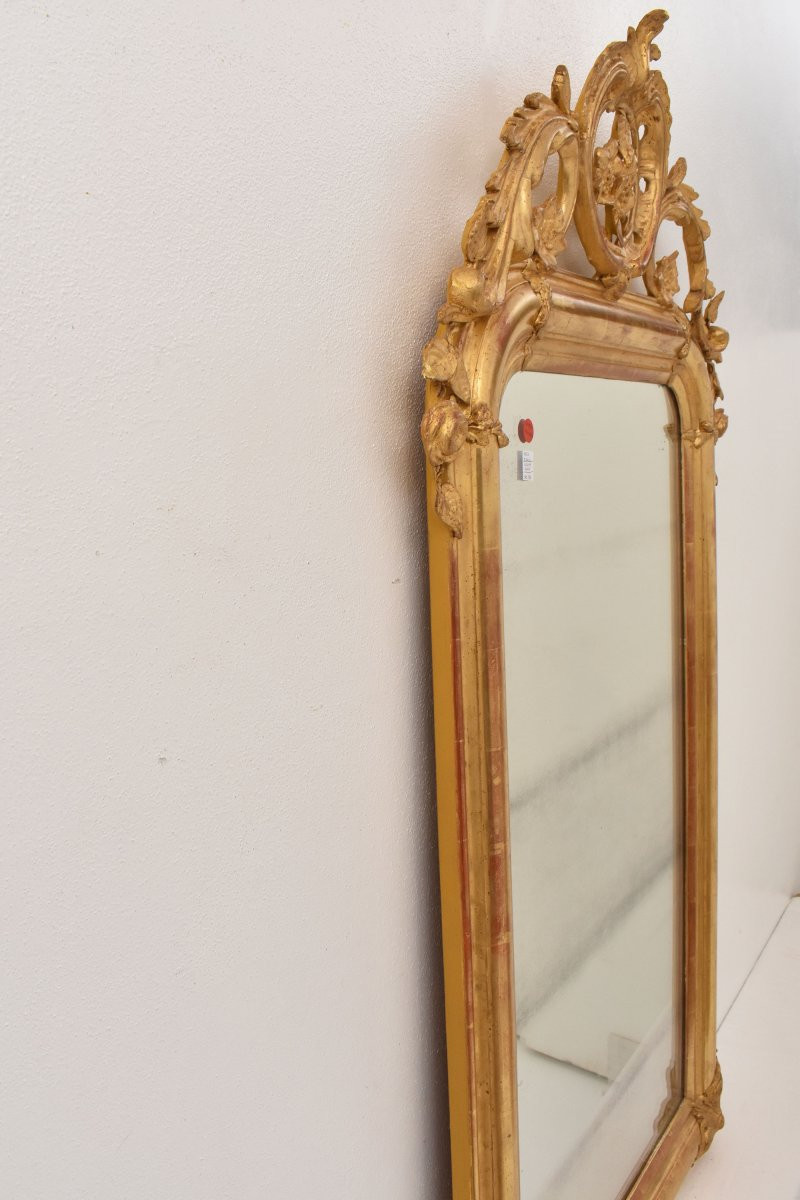 SPECCHIO ANTICO CON CIMASA CON FIORI, SPECCHIERA ANTICA LUIGI FILIPPO, CORNICE DORATA, XIX SECO-photo-5