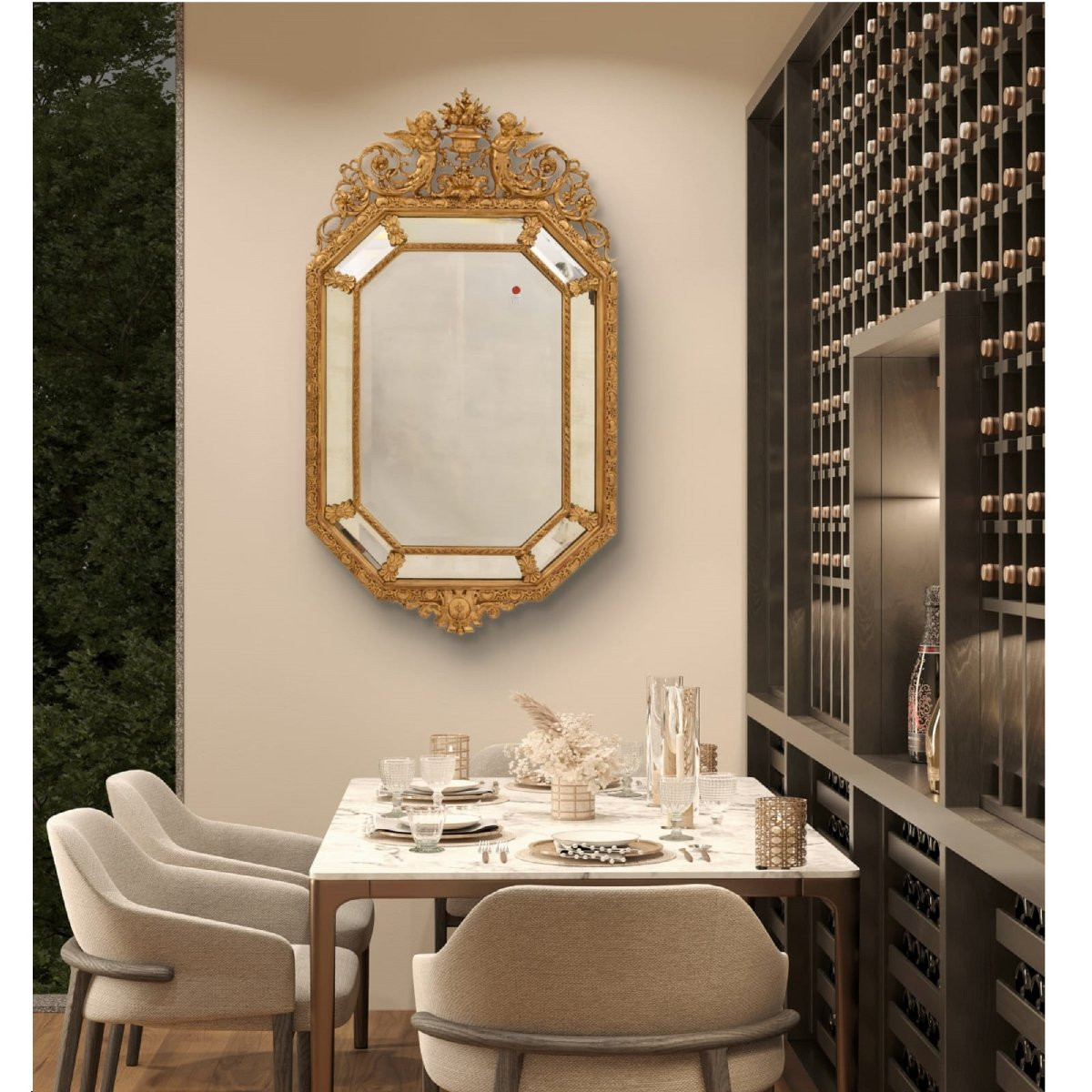 SPECCHIO ANTICO CON FIORI E PUTTI, SPECCHIERA ANTICA LUIGI FILIPPO, CORNICE DORATA, XIX SECOLO.-photo-2