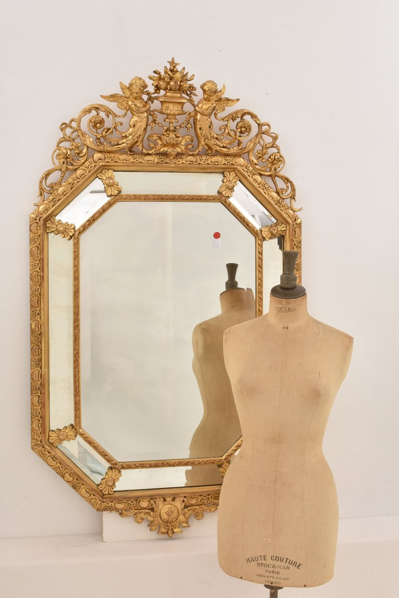 SPECCHIO ANTICO CON FIORI E PUTTI, SPECCHIERA ANTICA LUIGI FILIPPO, CORNICE DORATA, XIX SECOLO.-photo-3