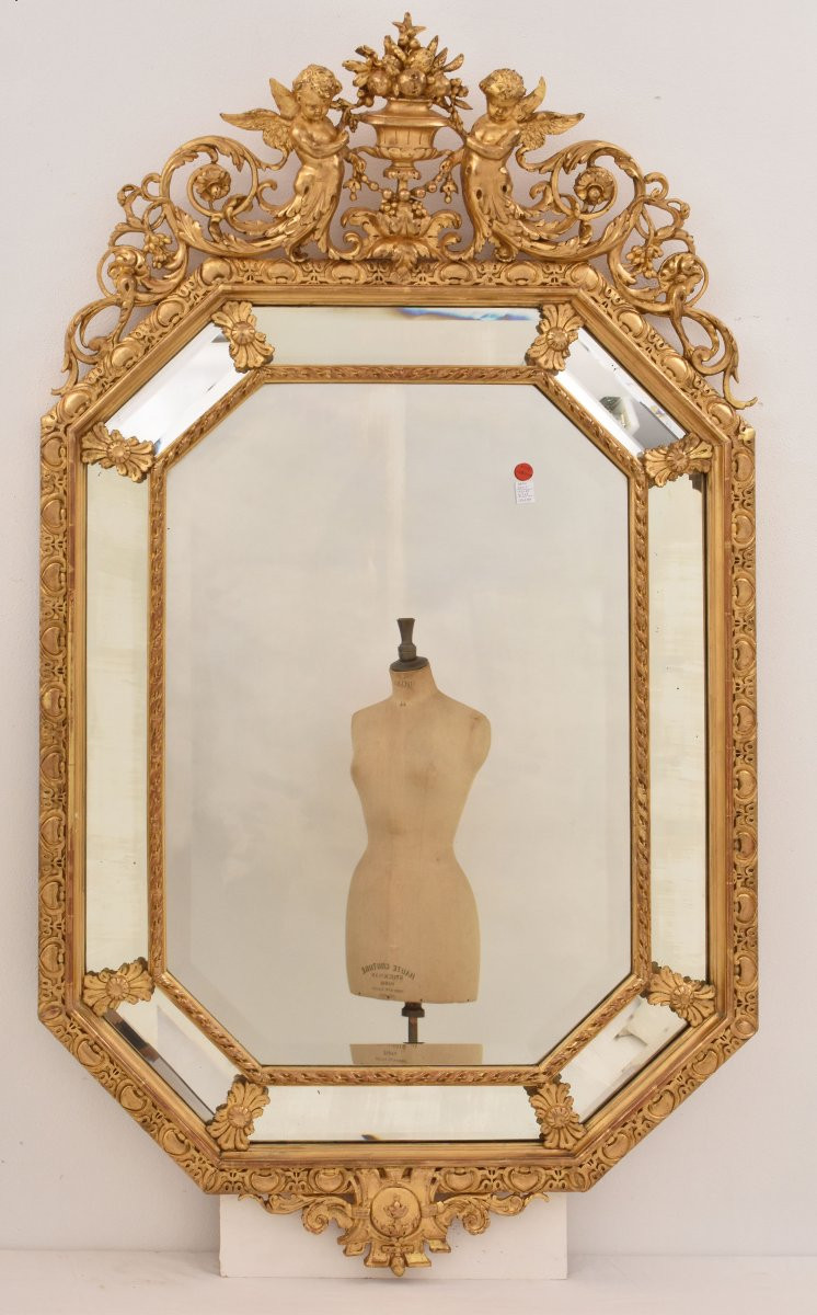 SPECCHIO ANTICO CON FIORI E PUTTI, SPECCHIERA ANTICA LUIGI FILIPPO, CORNICE DORATA, XIX SECOLO.-photo-4