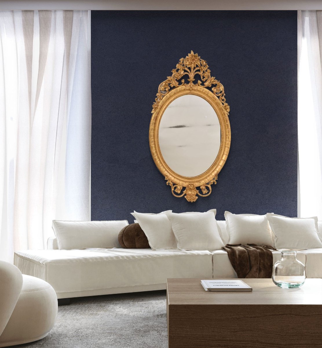 GRANDE SPECCHIO ANTICO OVALE CON CIMASA, FIORI E VOLUTE, SPECCHIERA  ANTICA DORATA, XIX(SPO198)-photo-2