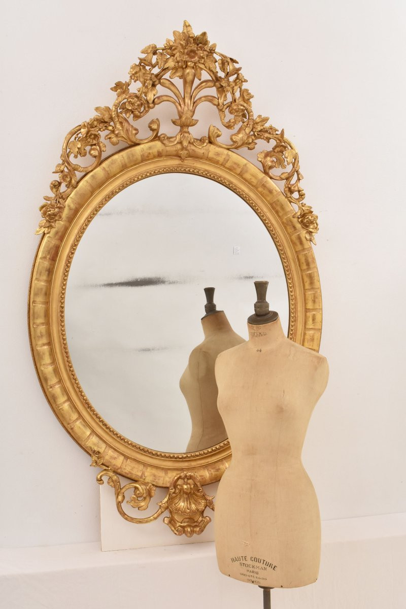 GRANDE SPECCHIO ANTICO OVALE CON CIMASA, FIORI E VOLUTE, SPECCHIERA  ANTICA DORATA, XIX(SPO198)-photo-3