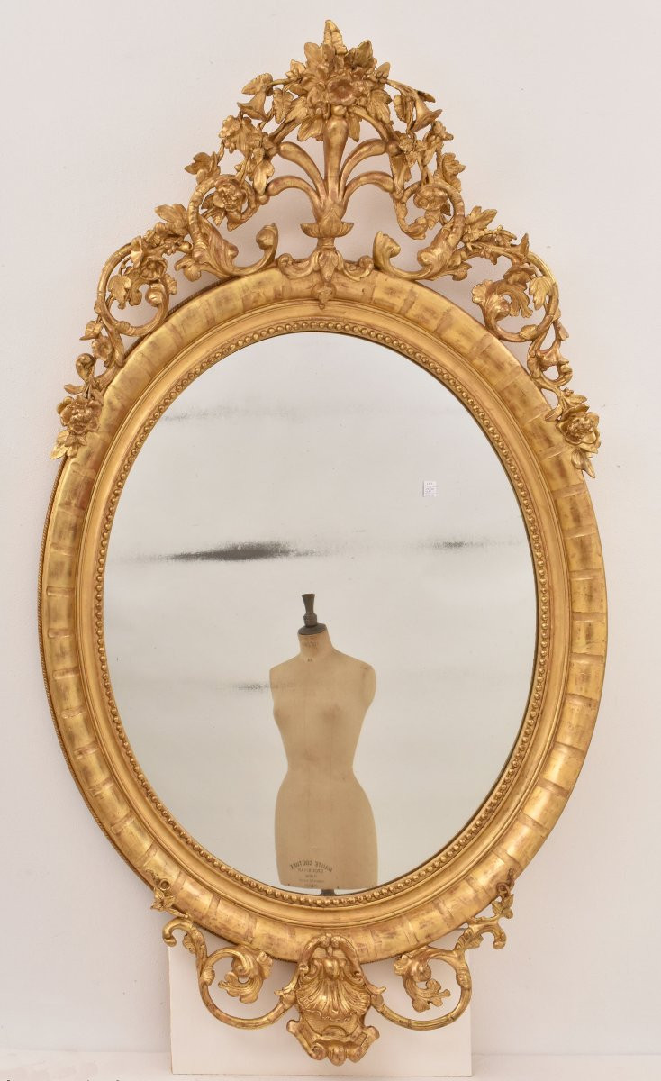GRANDE SPECCHIO ANTICO OVALE CON CIMASA, FIORI E VOLUTE, SPECCHIERA  ANTICA DORATA, XIX(SPO198)-photo-4