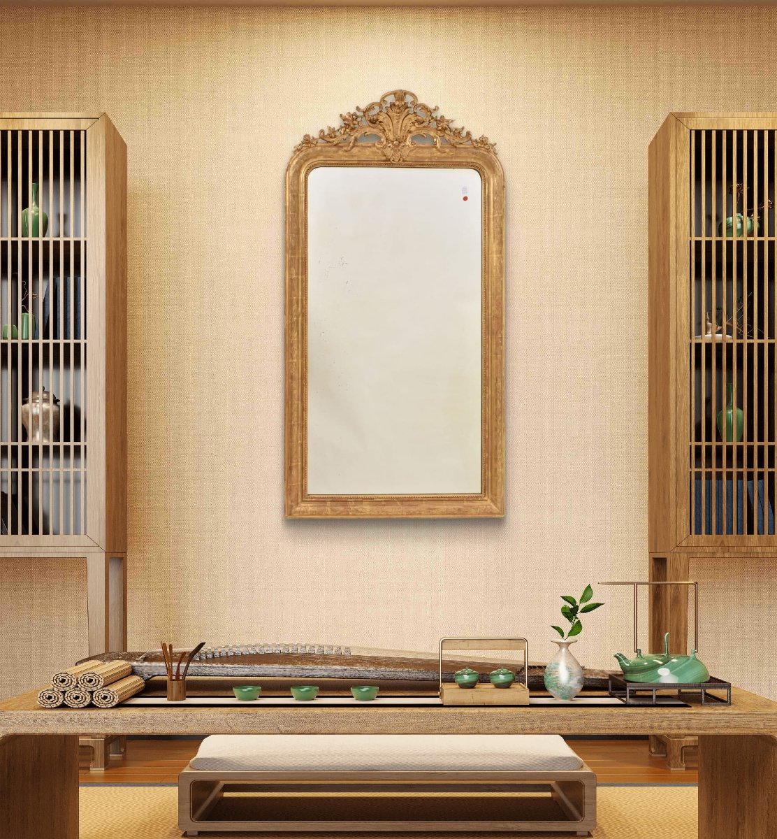 SPECCHIO ANTICO CON CIMASA FLOREALE, LUIGI FILIPPO, CORNICE DORATA, XIX SECOLO. (SPC199)-photo-2