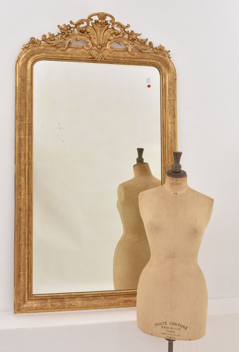 SPECCHIO ANTICO CON CIMASA FLOREALE, LUIGI FILIPPO, CORNICE DORATA, XIX SECOLO. (SPC199)-photo-3