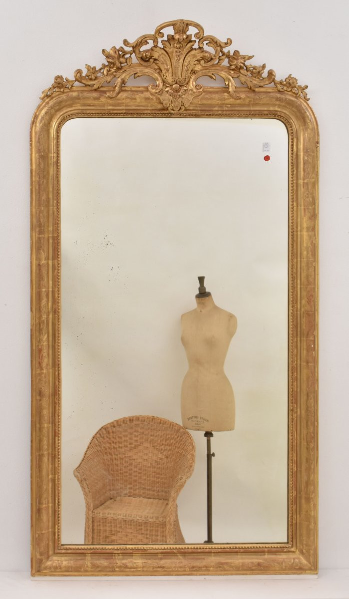 SPECCHIO ANTICO CON CIMASA FLOREALE, LUIGI FILIPPO, CORNICE DORATA, XIX SECOLO. (SPC199)-photo-4