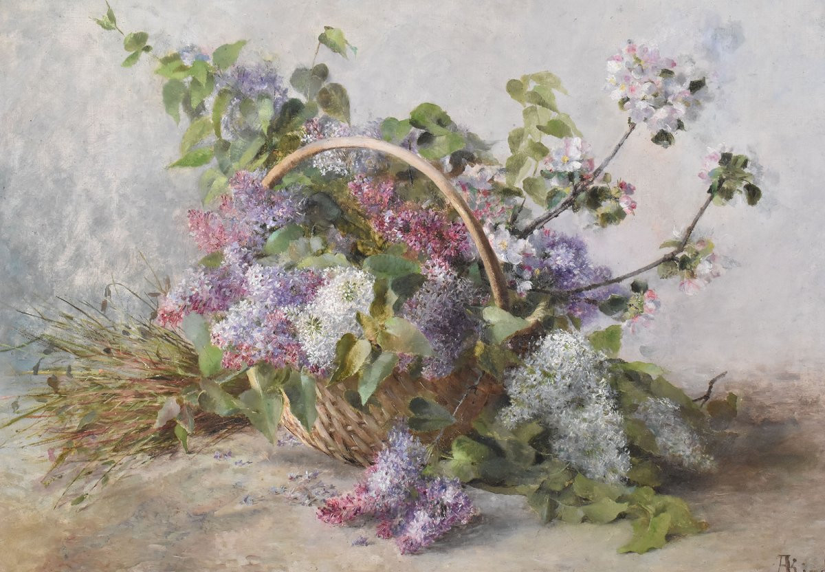 DIPINTI ANTICHI DI FIORI DI LILLÀ, PITTURA AD OLIO SU TELA, INIZIO 900, ART DECO. (QF710)-photo-3