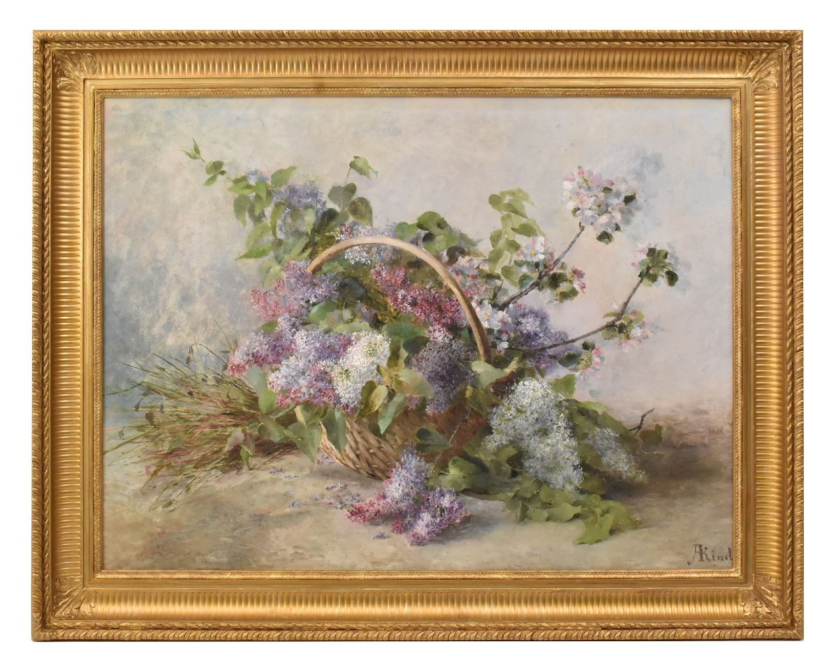 DIPINTI ANTICHI DI FIORI DI LILLÀ, PITTURA AD OLIO SU TELA, INIZIO 900, ART DECO. (QF710)