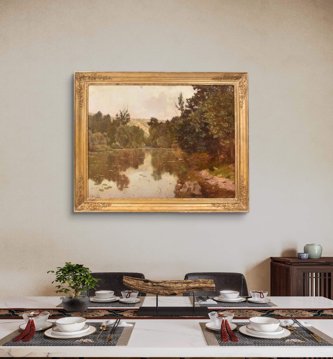 DIPINTI ANTICHI PAESAGGIO CON FIUME E NINFEE, OLIO SU TELA, INIZIO XX SECOLO (QP709)-photo-2