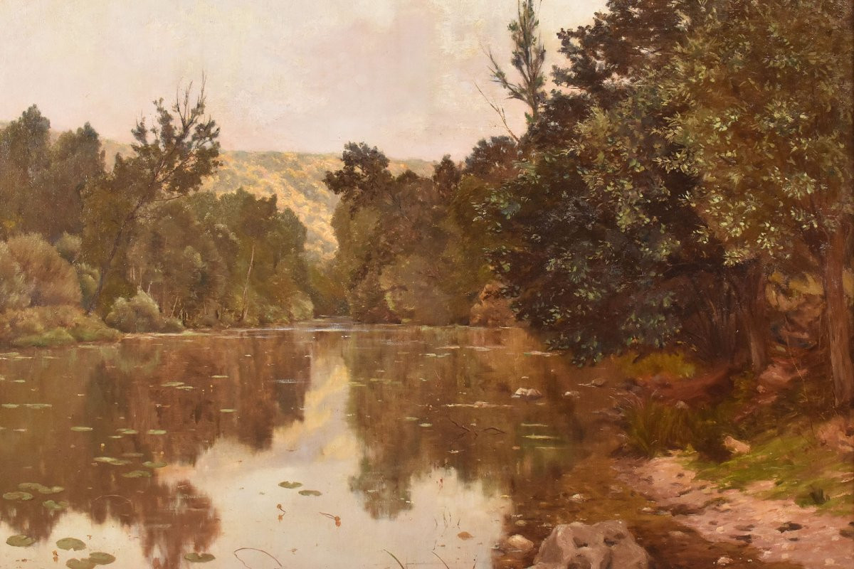 DIPINTI ANTICHI PAESAGGIO CON FIUME E NINFEE, OLIO SU TELA, INIZIO XX SECOLO (QP709)-photo-3