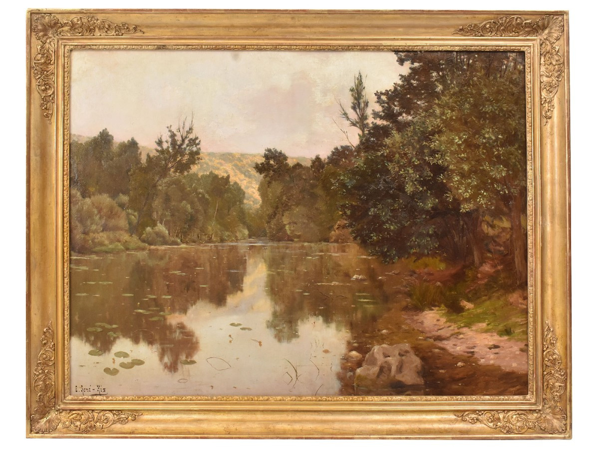 DIPINTI ANTICHI PAESAGGIO CON FIUME E NINFEE, OLIO SU TELA, INIZIO XX SECOLO (QP709)