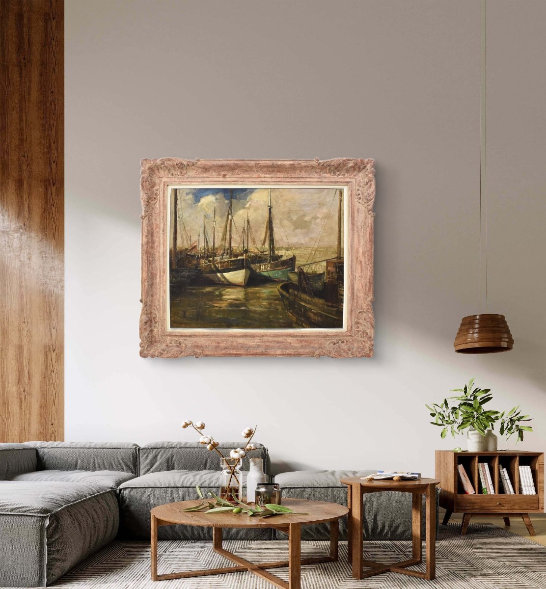 QUADRI ANTICHI, MARINA CON BARCHE, PITTURA AD OLIO SU TELA, ART DECO, XX SECOLO. (QM711)-photo-2