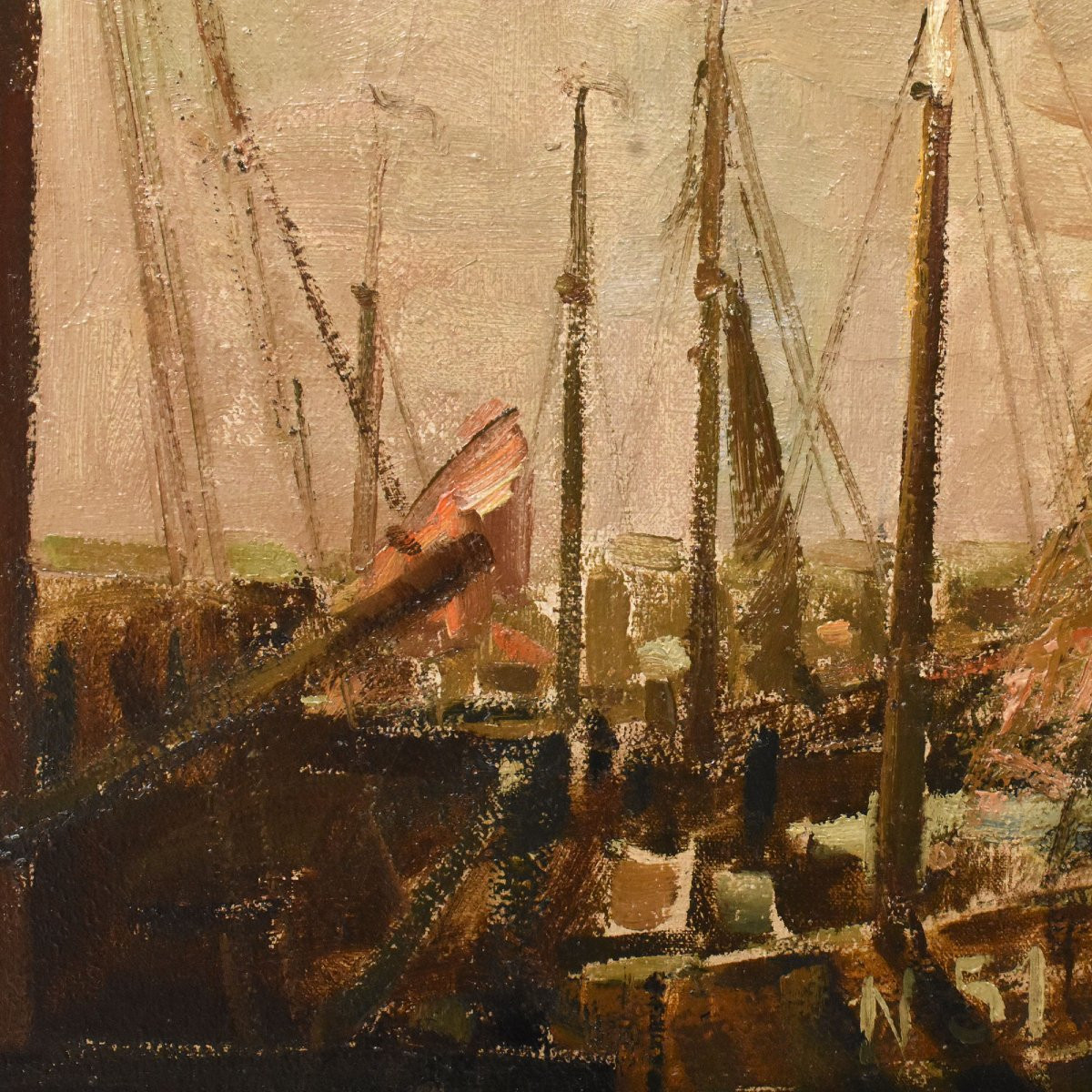 QUADRI ANTICHI, MARINA CON BARCHE, PITTURA AD OLIO SU TELA, ART DECO, XX SECOLO. (QM711)-photo-4