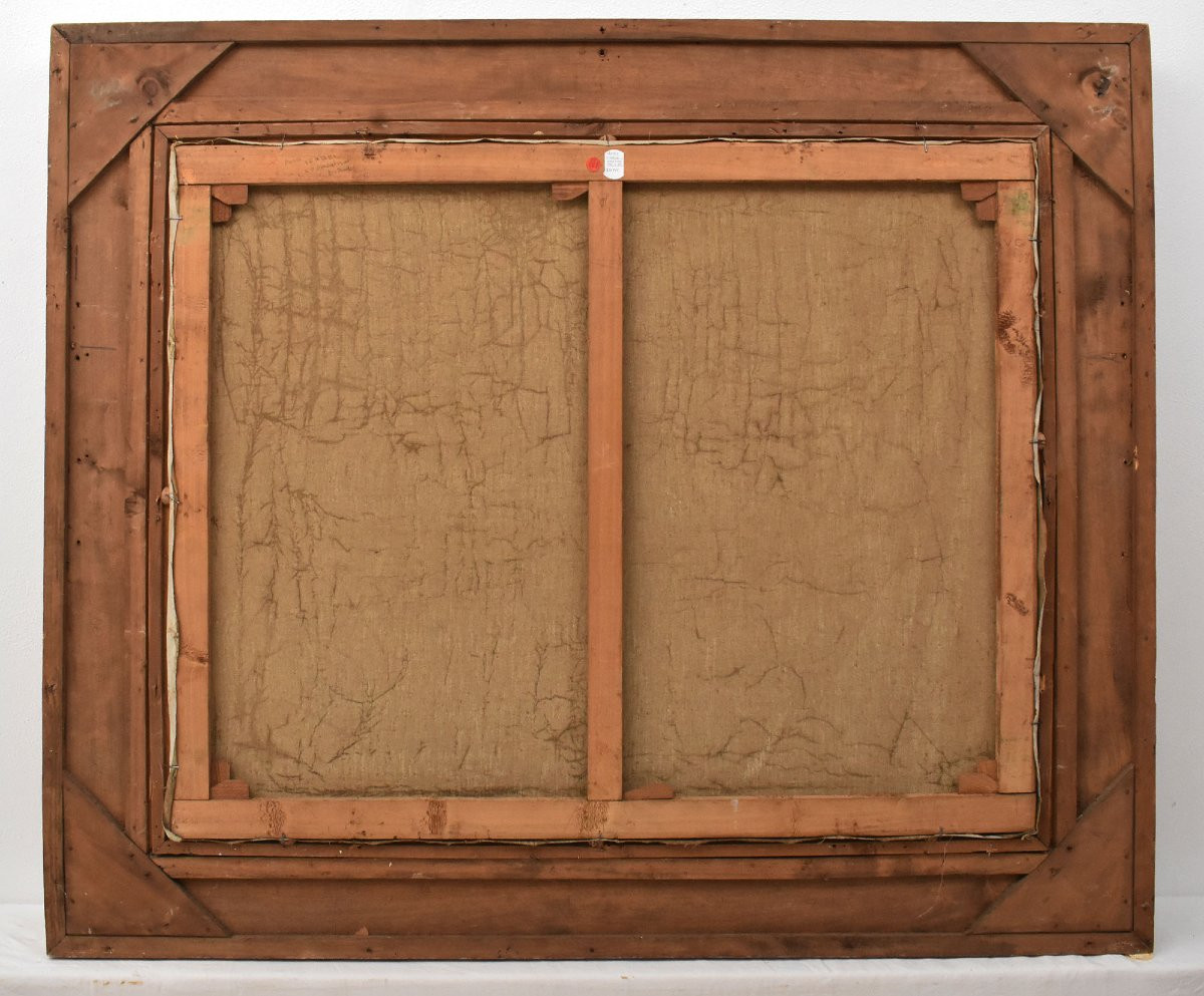 QUADRI ANTICHI, MARINA CON BARCHE, PITTURA AD OLIO SU TELA, ART DECO, XX SECOLO. (QM711)-photo-6