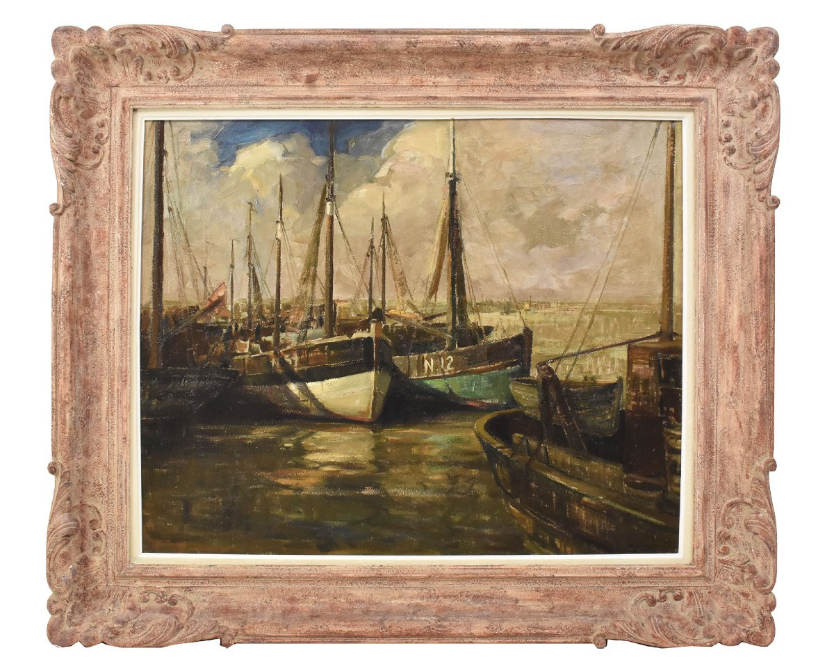 QUADRI ANTICHI, MARINA CON BARCHE, PITTURA AD OLIO SU TELA, ART DECO, XX SECOLO. (QM711)