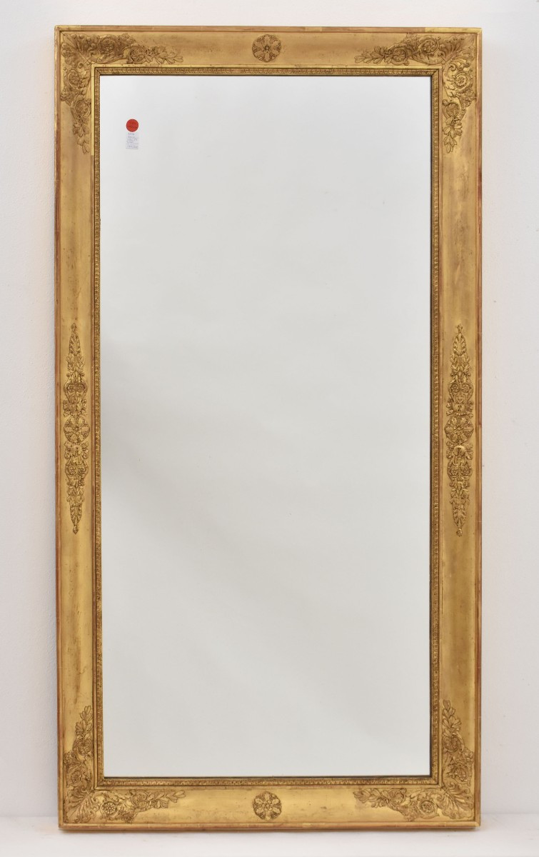 SPECCHIO ANTICO RETTANGOLARE, SPECCHIERA ANTICA IMPERO, CORNICE DORATA, XIX SECOLO. (SPR200)
