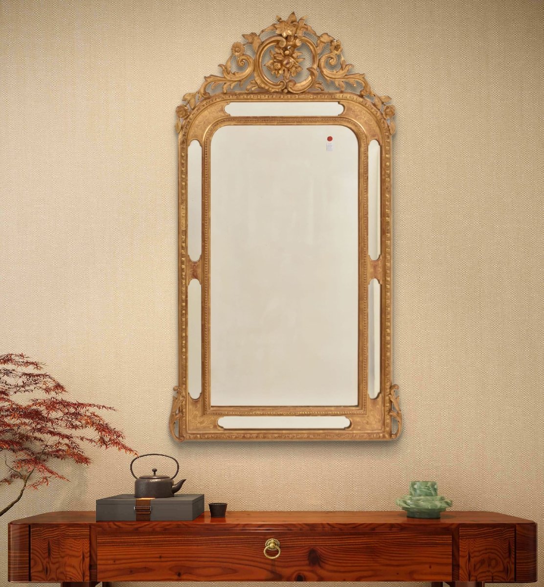 SPECCHIO ANTICO, VOLUTE E FIORI, SPECCHI LATERALI, LUIGI FILIPPO, CORNICE DORATA, XIX (SPCP201)-photo-2