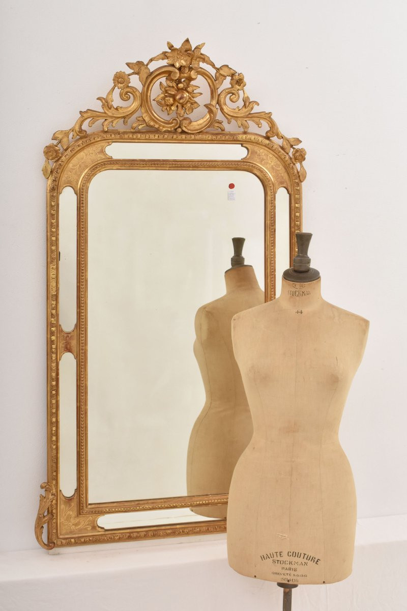 SPECCHIO ANTICO, VOLUTE E FIORI, SPECCHI LATERALI, LUIGI FILIPPO, CORNICE DORATA, XIX (SPCP201)-photo-3