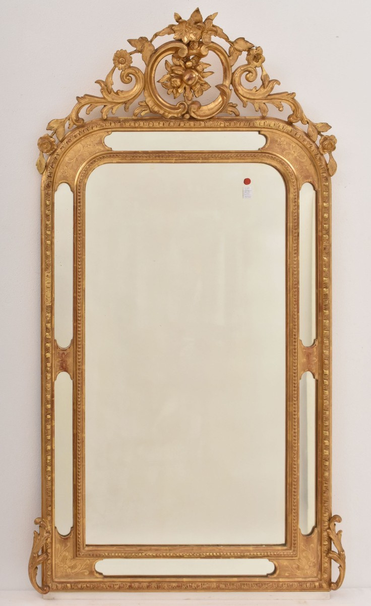 SPECCHIO ANTICO, VOLUTE E FIORI, SPECCHI LATERALI, LUIGI FILIPPO, CORNICE DORATA, XIX (SPCP201)