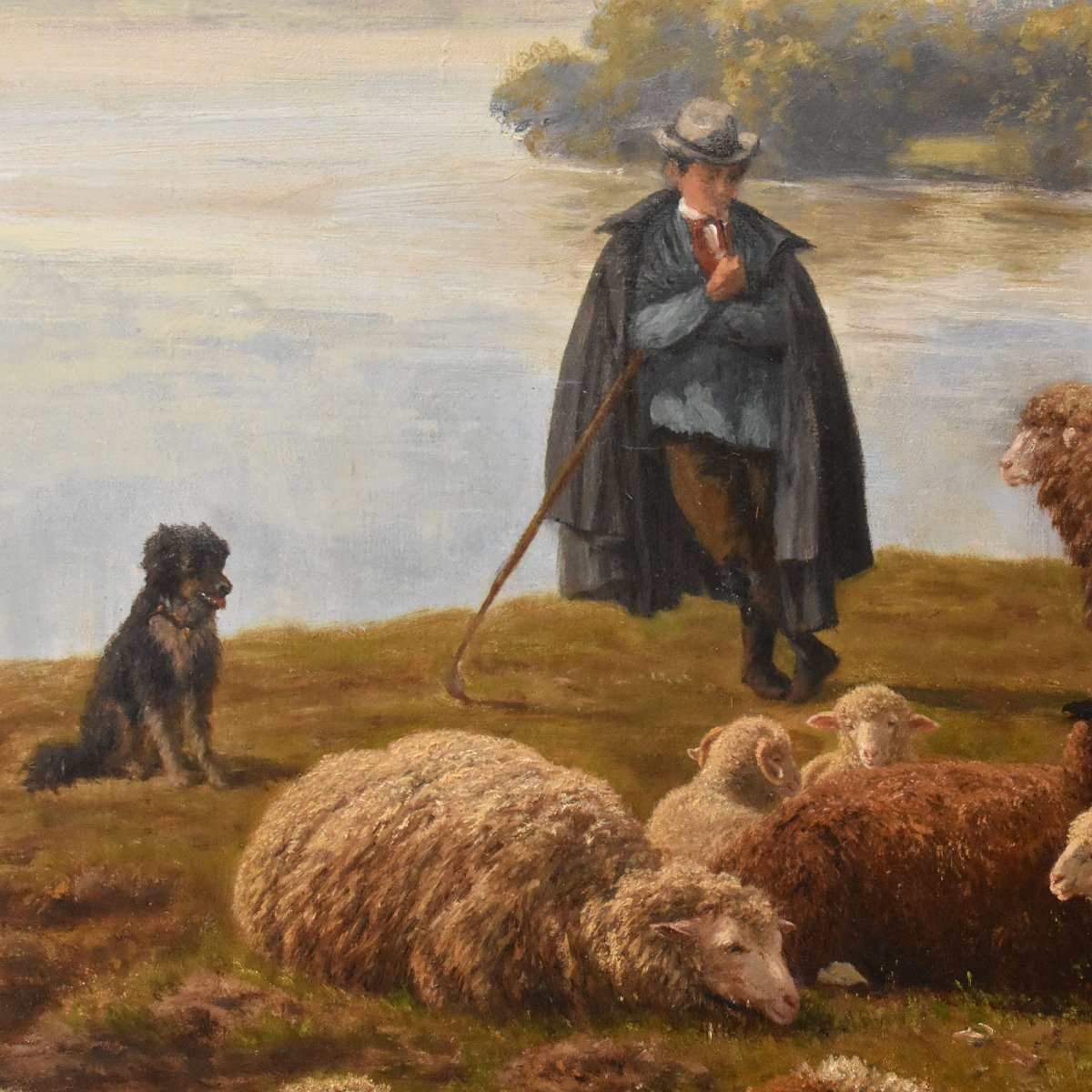 DIPINTI ANTICHI CON PAESAGGI CON GREGGE E PASTORE, OLIO SU TELA, DEL XIX SECOLO. (QP712)-photo-2