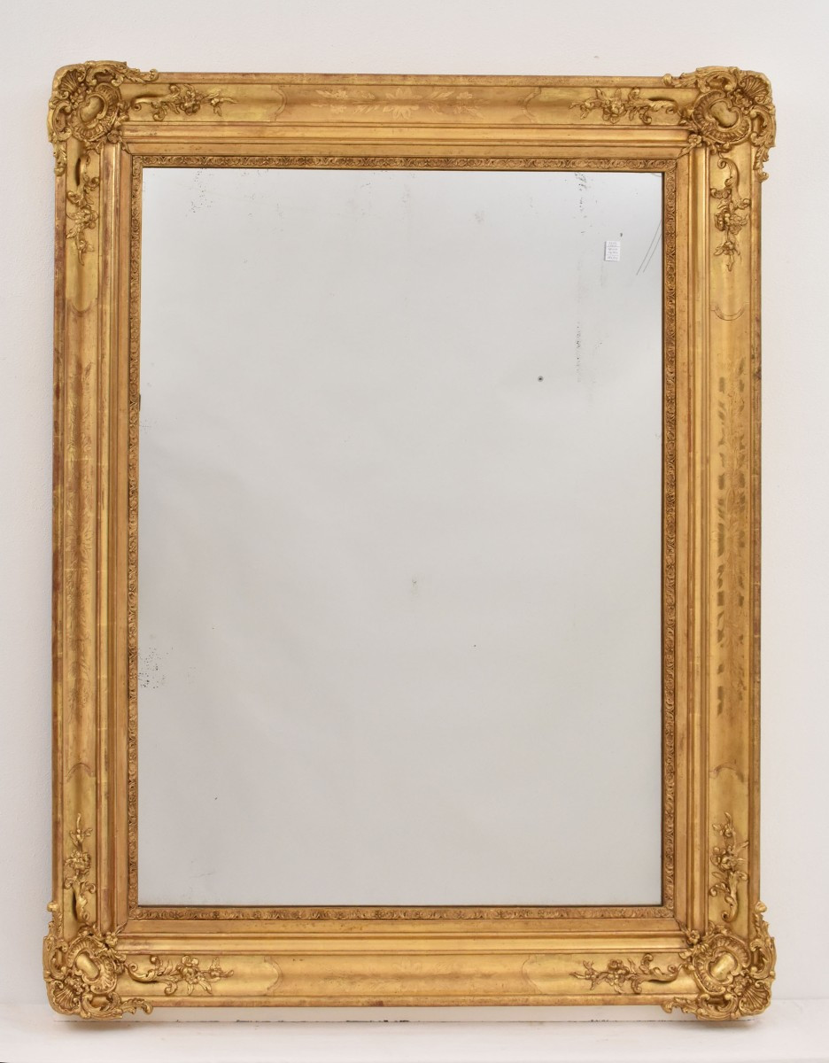 SPECCHIO ANTICO RETTANGOLARE, SPECCHIERA  ANTICA, CORNICE DORATA, XIX SECOLO. (SPR202)