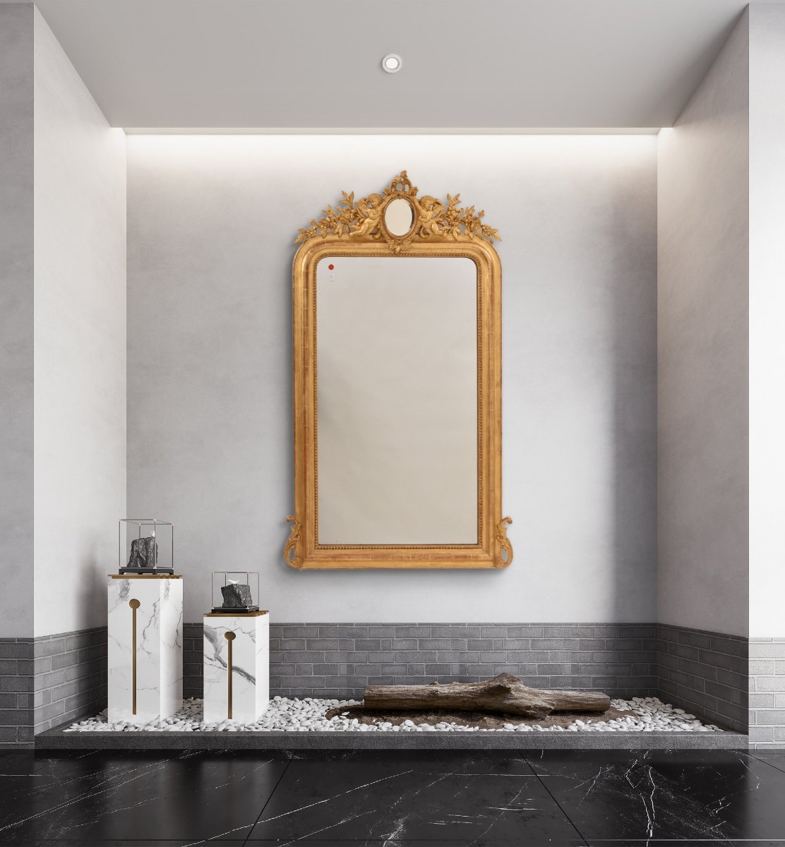 SPECCHIO ANTICO CON PUTTI E CIMASA,   LUIGI FILIPPO, CORNICE DORATA, XIX  (SPC203)-photo-2