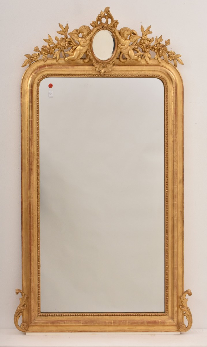 SPECCHIO ANTICO CON PUTTI E CIMASA,   LUIGI FILIPPO, CORNICE DORATA, XIX  (SPC203)