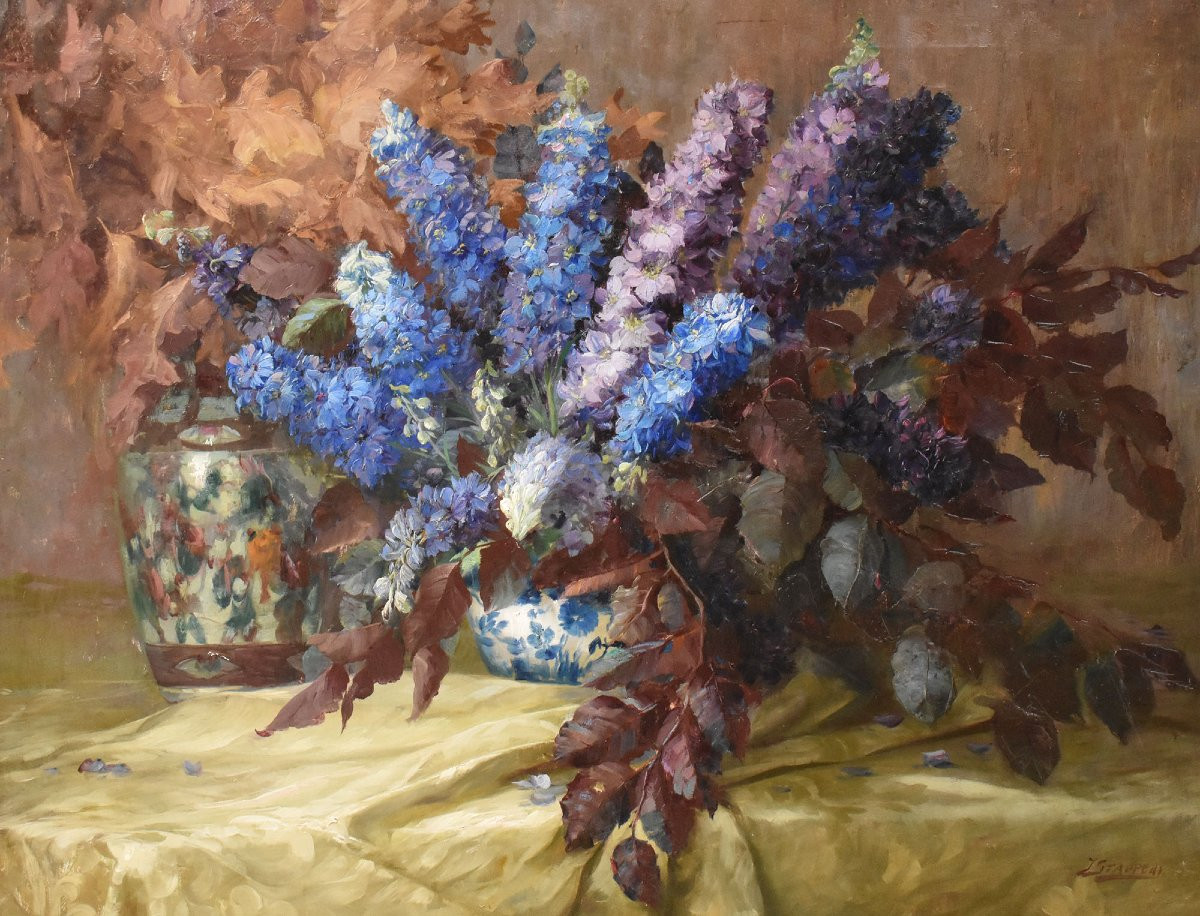 DIPINTI ANTICHI FIORI DI DELPHINIUM O SPERONELLA, ART DECO, JULIEN STAPPERS.(QF713)-photo-3