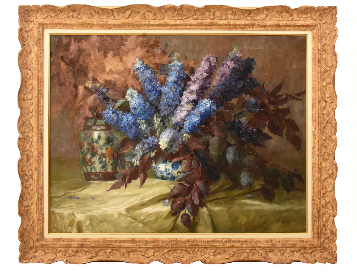 DIPINTI ANTICHI FIORI DI DELPHINIUM O SPERONELLA, ART DECO, JULIEN STAPPERS.(QF713)