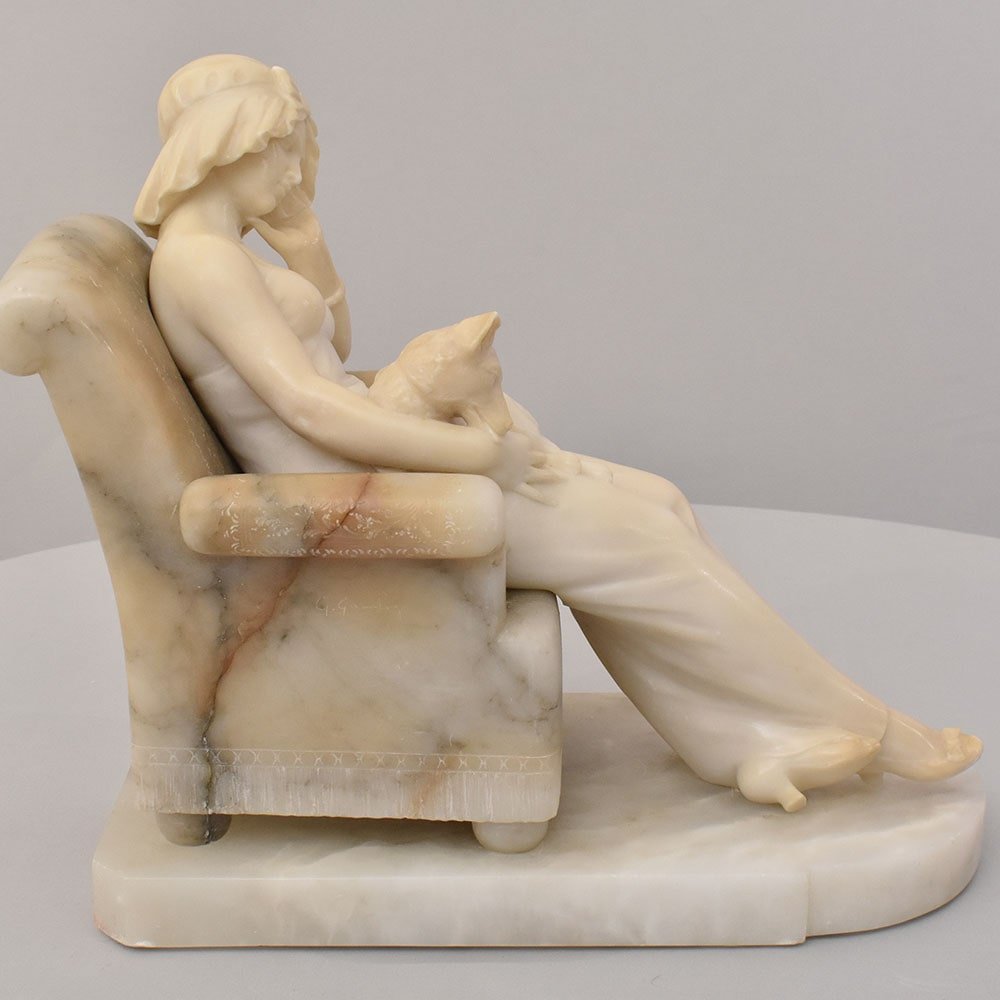 SCULTURE ANTICHE IN ALABASTRO, SCULTURA DI DONNA E CANE, GIUSEPPE GAMBOGI, XIX. (STAL105)-photo-2