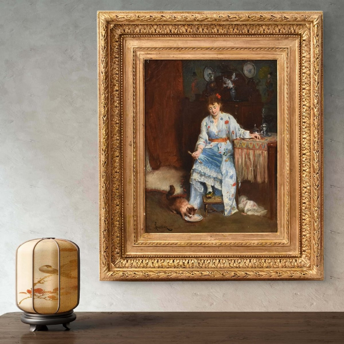 QUADRI ANTICHI, RITRATTI DI DONNA CON GATTO, OLIO SU TELA, SCENA D'INTERNO, XIX. (QR715)-photo-2