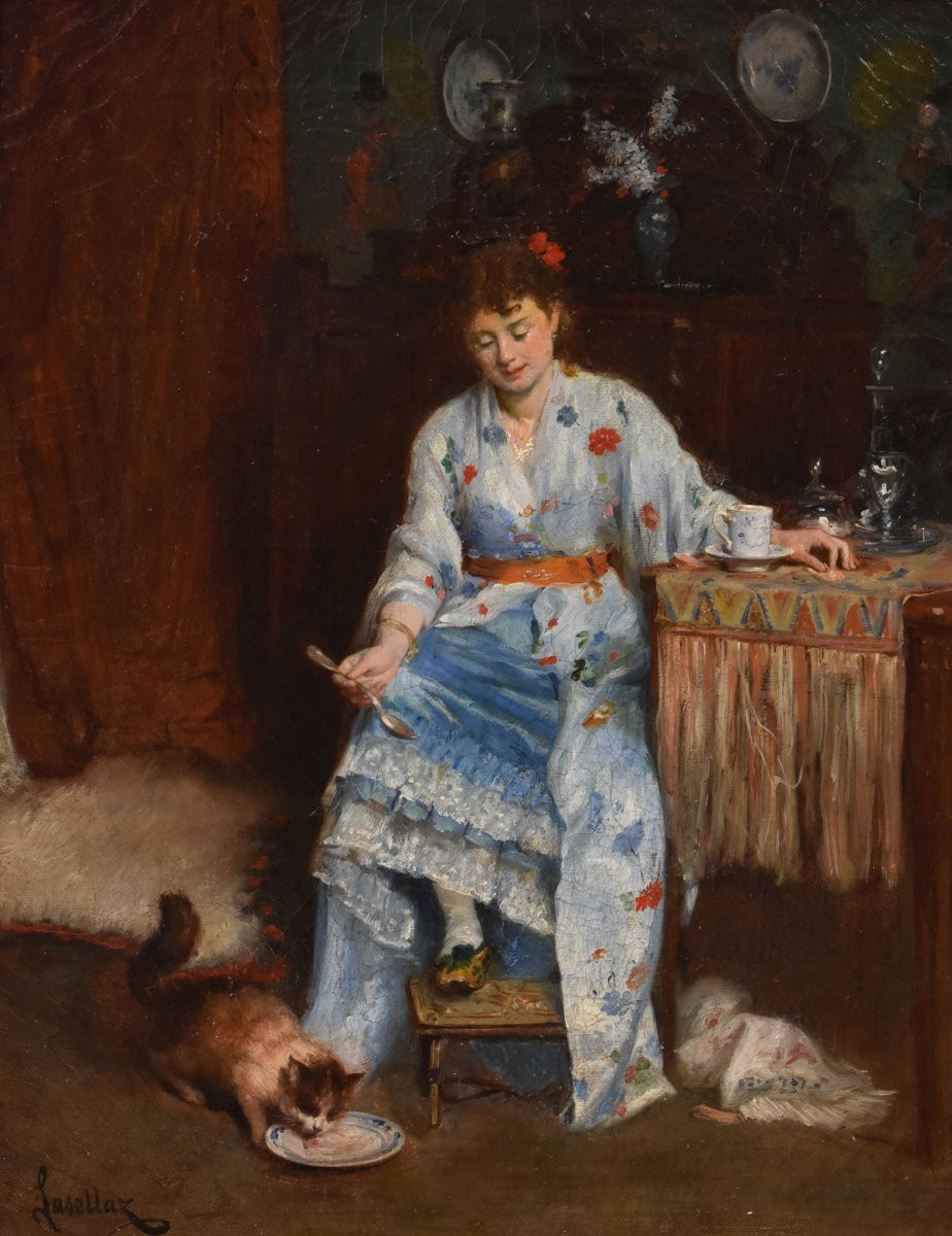 QUADRI ANTICHI, RITRATTI DI DONNA CON GATTO, OLIO SU TELA, SCENA D'INTERNO, XIX. (QR715)-photo-3