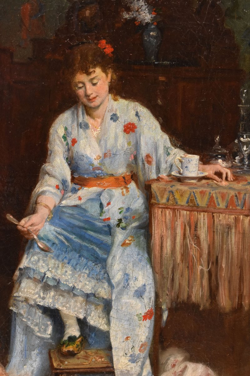 QUADRI ANTICHI, RITRATTI DI DONNA CON GATTO, OLIO SU TELA, SCENA D'INTERNO, XIX. (QR715)-photo-4